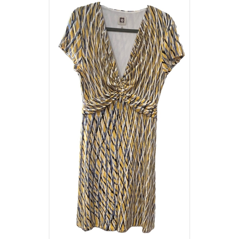 Anne Klein Yellow Grey Abstract Twist Front V-Neck Sheath Dress Size 10
